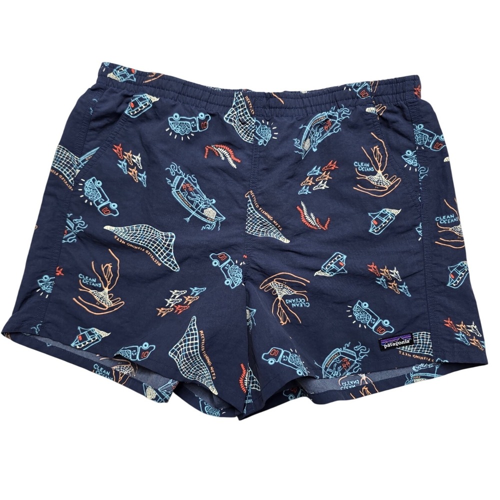Patagonia Baggies Lights Shorts Clean Oceans Fishing Net Print Navy Mens L